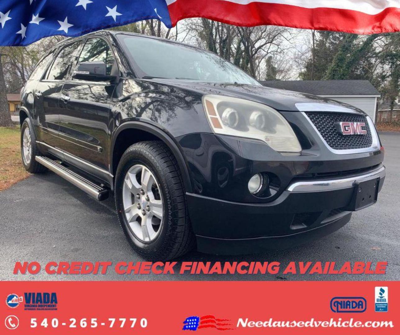 2009 BLACK GMC ACADIA SLT-1 (1GKEV23D49J) with an 3.6L engine, Automatic transmission, located at 2514 Williamson Rd NE, Roanoke, VA, 24012, (540) 265-7770, 37.294636, -79.936249 - NO CREDIT CHECK FINANCING WITH ONLY $2000 DOWN PAYMENT!!! Check out our website www.needausedvehicle.com for our No Credit Check/ In House Financing options!! No Credit Check Available!!! In House Financing Available!!! All Clean Title Vehicles (no Salvaged or flooded vehicles ever on our lot)!! - Photo#0